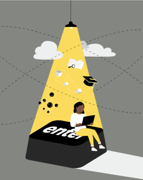 An illustration of a person working on a laptop under stylised images of a mortar board, cubes an atom. They're sitting on a keyboard button marked Enter